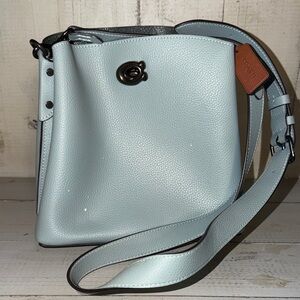 Coach Pebbled Leather Crossbody Bag in Light Blue with Tan Tag